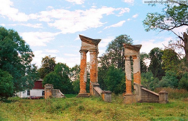Ivnytsia. Twin pillars of estate gates Zhytomyr Region Ukraine photos