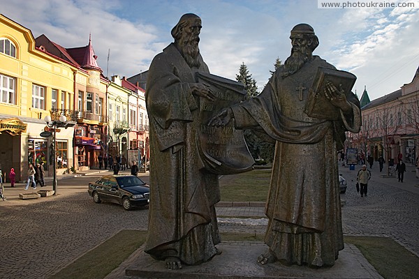 Mukacheve. Monument to creators of Slavic alphabet Zakarpattia Region Ukraine photos