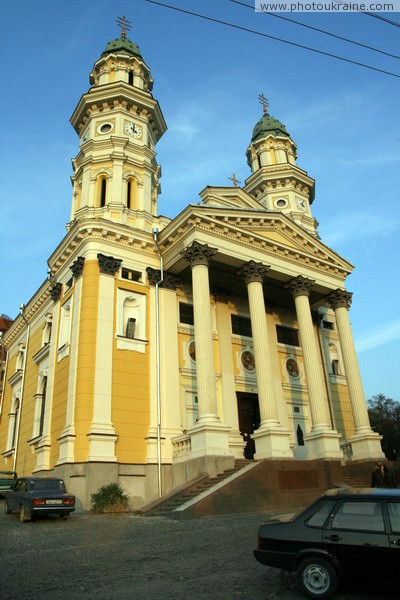 Uzhgorod. Main facade of Holy Cross Cathedral Zakarpattia Region Ukraine photos