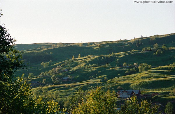 Lazeshyna. Landslide slope of valley river Lazeschyna Zakarpattia Region Ukraine photos