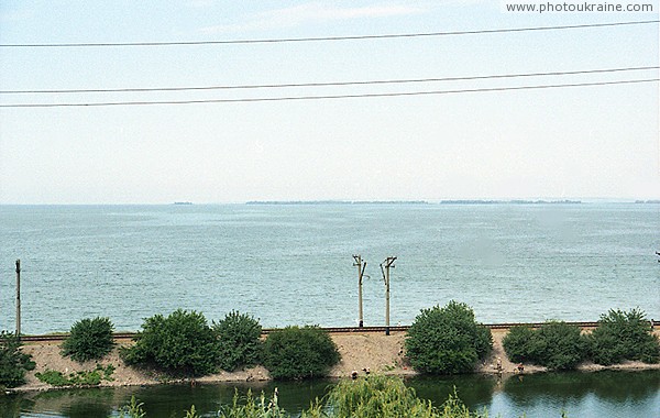 Kamianske. Railway causeway and Kakhov sea Zaporizhzhia Region Ukraine photos
