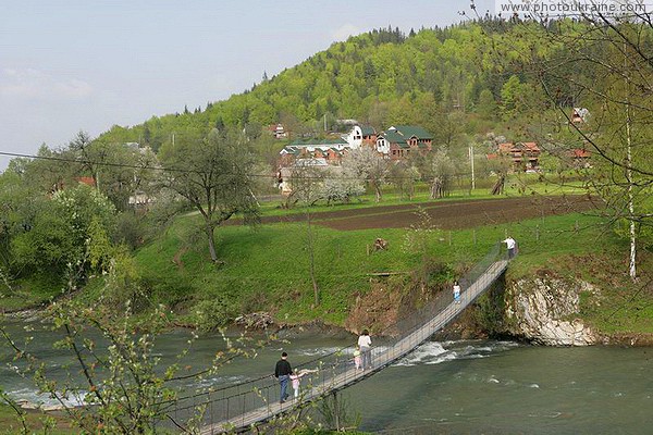Sheshory. Carpathian pedestrian bridge over Pistynka Ivano-Frankivsk Region Ukraine photos