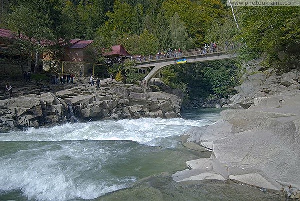 Yaremche. Bridge over the waterfall Yaremchensky Guk (Breakdown) Ivano-Frankivsk Region Ukraine photos