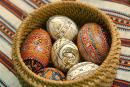 Kolomyia. Pysanka Museum - wicker basket with painted eggs, Ivano-Frankivsk Region, Museums 