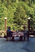 Yaremche. Breakfast on the terrace of the Hutsul restaurant, Ivano-Frankivsk Region, Peoples 