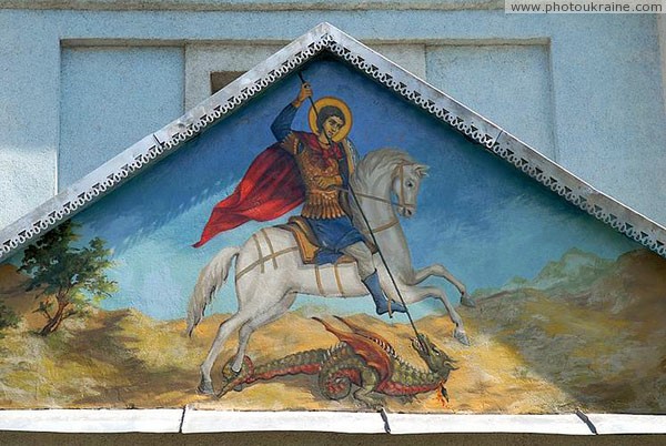 Holoby. George Victorious at pediment of portico church porch Volyn Region Ukraine photos