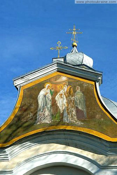 Olyka. Fragment of painted front facade of Sretenskaya church Volyn Region Ukraine photos