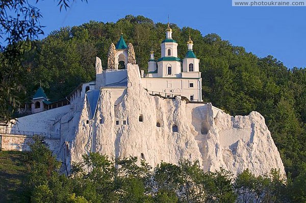 Sviatogirska lavra. Nicholas church on chalk rock Donetsk Region Ukraine photos