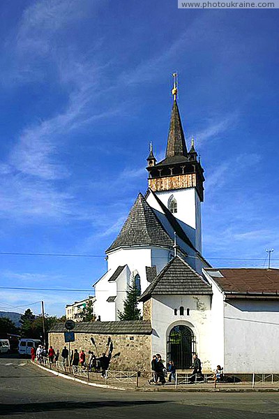 Hust. Eastern facade of church Saint Elizabeth Zakarpattia Region Ukraine photos