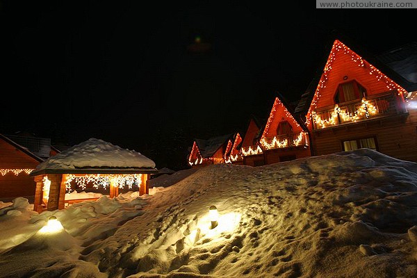 Bukovel. Illuminated gazebo and cottages Ivano-Frankivsk Region Ukraine photos