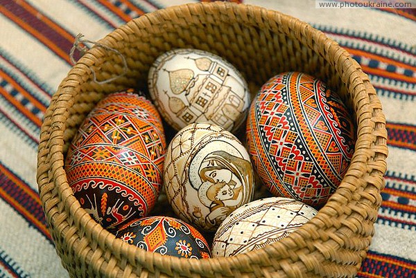 Kolomyia. Pysanka Museum - wicker basket with painted eggs Ivano-Frankivsk Region Ukraine photos