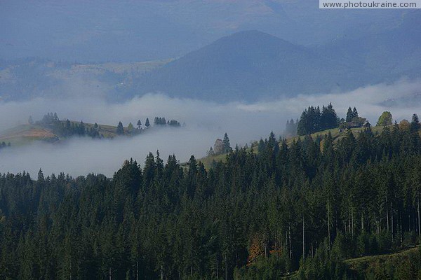 Yablunytskyi pass. Morning Mist in the Mountain Range Ivano-Frankivsk Region Ukraine photos