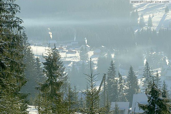 Yablunytsia. Village morning smokes Ivano-Frankivsk Region Ukraine photos