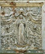 Olyka. Bas-relief at top of front facade Trinity church, Volyn Region, Churches 