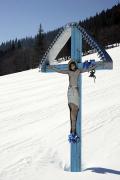 Reserve Synevyr. Crucifix on side of Gorgany, Zakarpattia Region, National Natural Parks 