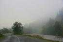 Kostylivka. Morning mist over Tisa, Zakarpattia Region, Roads 