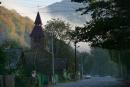 Mist rises from valley of River Tisa, Zakarpattia Region, Roads 